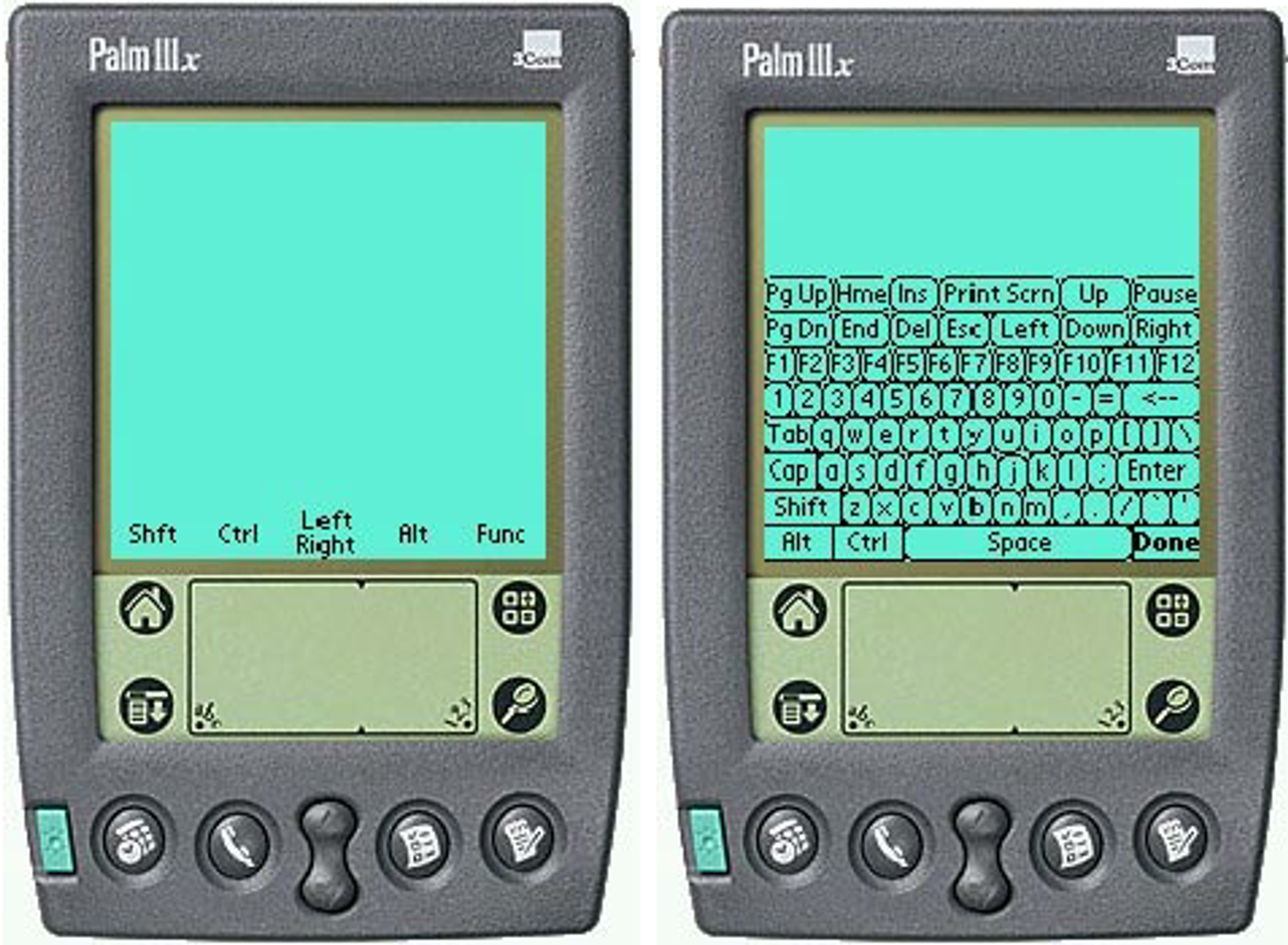 Palm follows a clear distinction between keypad (Graffiti-input) and screen. While there is an onscreen keyboard for those, who really wanted to use it, the "Graffiti" language worked on a superior level.